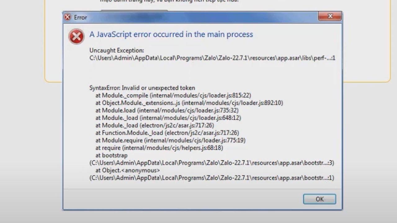 lỗi A Javascript Error Occurred In The Main Process